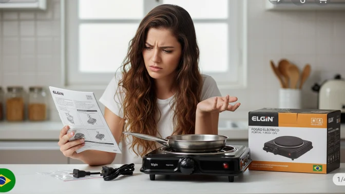 “Mulher jovem em uma cozinha moderna olhando confusa para o manual de instruções enquanto tenta montar ou usar um fogão elétrico portátil Elgin, com o aparelho, a panela e a caixa do produto posicionados sobre a bancada.”
