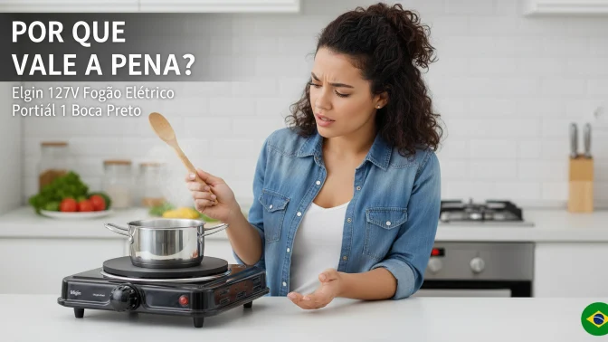“Mulher em uma cozinha moderna olhando com expressão de dúvida enquanto mexe uma panela sobre um fogão elétrico portátil Elgin de uma boca, com vapor subindo da comida e o texto ‘Por que vale a pena?’ exibido no canto superior esquerdo.”